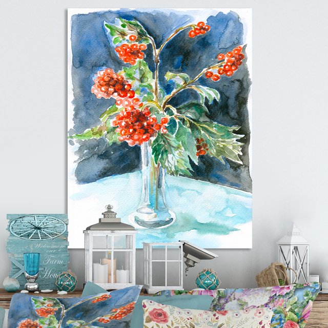 Designart Christmas Red Berries Flowers Traditional Canvas Wall Art