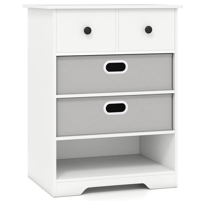 Costway Commode à 4 Tiroirs, Organisateur de Rangement Moderne avec Étagères Ouvertes, Trousses Anti-Basculement, Blanc, Commode Centrée Orientée vers l'Avant en Bois d'Ingénierie et MDF, Blanc et Gris avec 2 Petits Tiroirs, 2 Tiroirs en Tissu Pliables et Amovibles, une Étagère Ouverte, Coins Arrondis, Boutons Intégrés, Glissières Métalliques Fluides et Trousses Anti-Basculement Incluses; Mesure 23 Po x 16.5 Po x 29.5 Po (58.4 x 41.9 x 74.9 cm). Convient