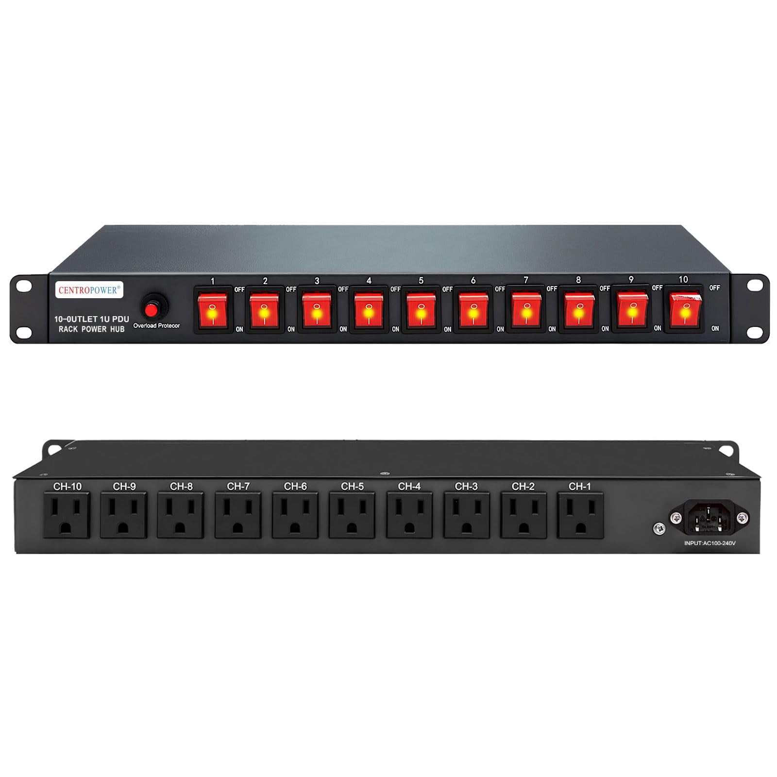 1U PDU Horizontal Rackmount Power Strip - Surge Protector 10 NEMA 5-15R Outlet 100V-240V/15A 1800 Joules, 10 Independent LED Switches, w/6 ft Cord, for Network Server, E