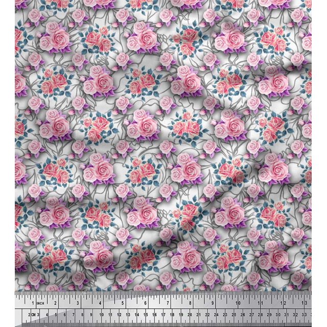 Soimoi Tissu Popeline de Coton Imprimé Feuilles & Roses au Mètre 56 Pouces de Large