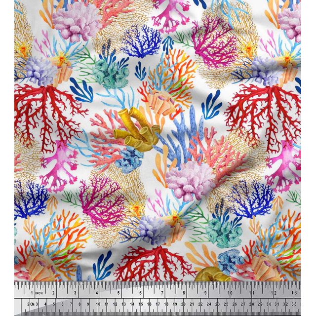 Soimoi Polyester Crepe Fabric Coral Ocean Printed Craft Fabric by The Yard 42 Inch Wide
