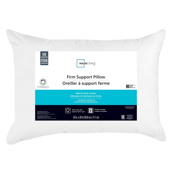 Mainstays Firm Support Bed Pillow, S/Q- Cotton Cover, Back Sleeper