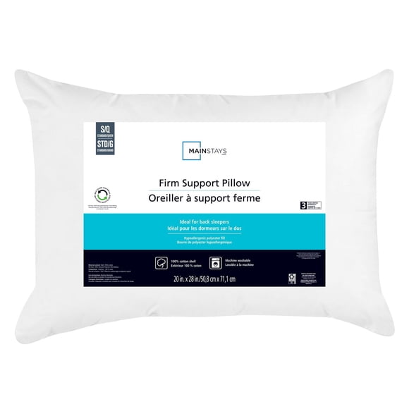 Mainstays Firm Support Bed Pillow, S/Q- Cotton Cover, Back Sleeper