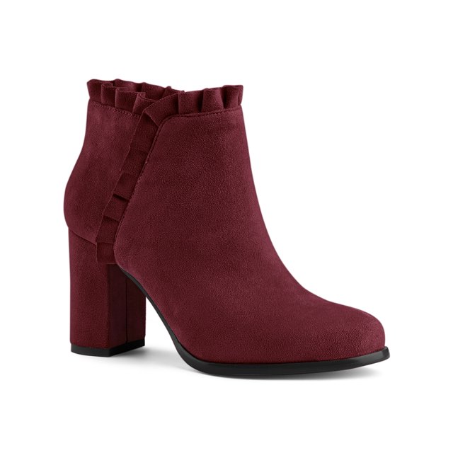 Unique Bargains Women's Ruffle Block Heel Ankle Boots Burgundy (Size 6)