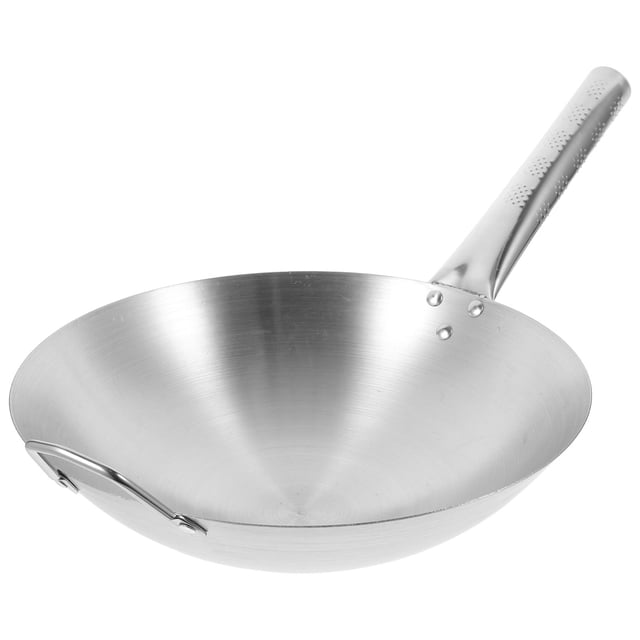 1pc Stainless Steel Wok Household No Magnetic Sand Frying Pan Non Stick Pan Random Handle. A silver stainless steel wok with a smooth, non-stick surface and a riveted handle featuring a perforated design for grip. The wok measures approximately 49.00x30.00x8.00cm (19.26x11.79x3.14in) and is suitable for all stove types, including gas and electric. Its durable construction ensures even heat distribution, making it ideal for frying meat and vegetables. The wok is easy to clean and designed for long-lasting use.