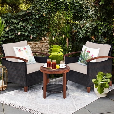 Costway Ensemble de Mobilier de Terrasse en Rotin 3 Pcs Cadre en Bois Coussin Table Étagère Beige