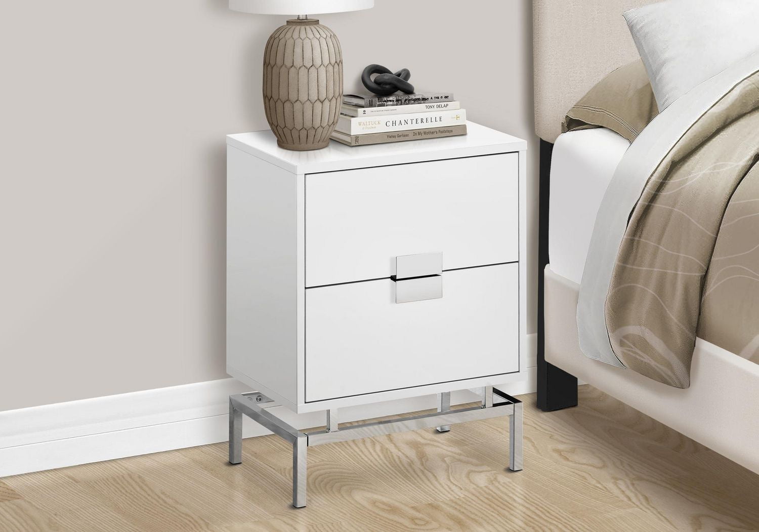 Monarch Specialties  Table D'appoint, Coté, Bout, Table De Nuit, Lampe, Tiroir De Rangement, Salon, Chambre À Coucher, Stratifié Blanc Brillant, Métal Chromé, Contemporain, Moderne