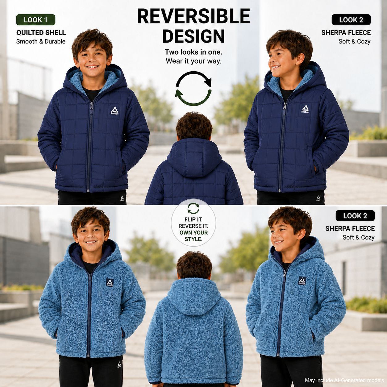 Reebok Boys Reversible Puffer Jacket, Sizes XS-XL