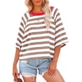 thumbnail image 2 of Penkiiy Hauts pour Femmes à Rayures 2025 Mode T-Shirts à Manches 3/4 pour Femmes Design à Blocs de Couleur T-Shirt Basique Ample 2TG Kaki, 2 of 6