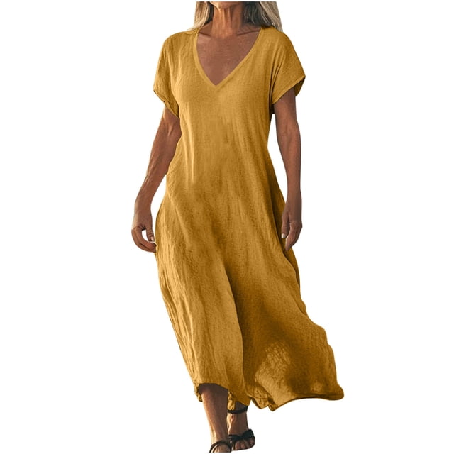 Dvprdro Robes d'Été pour Femmes 2025 Mode Col en V Manches Courtes Coton Lin Robe Maxi Décontractée Ample Boho Plage Soleil Longue Robe