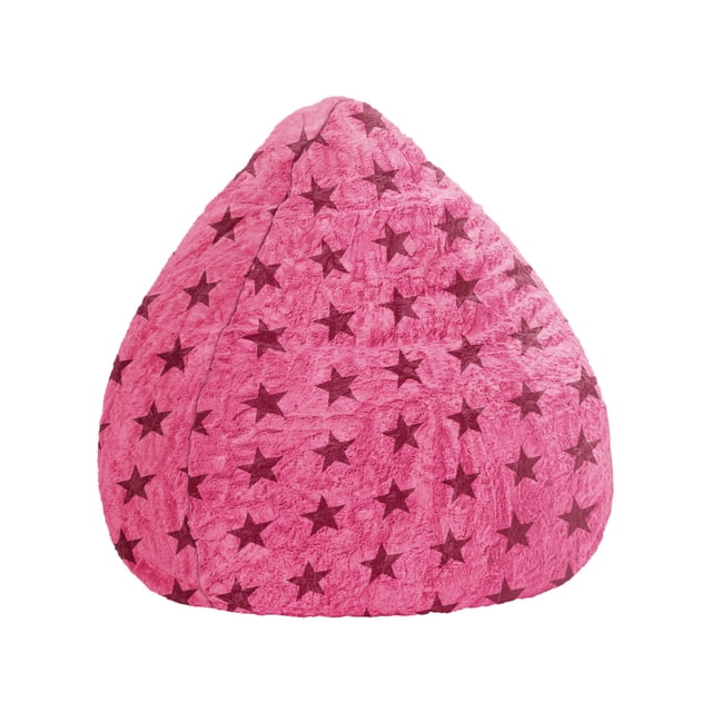 Gouchee Home Fluffy Stars Pink Faux Fur Bean Bag Chair with star pattern, soft 100% polyester faux fur upholstery, filled with high-density polystyrene beads, 27" diameter by 43" height, lightweight and cozy seating suitable for kids' rooms, bedrooms, or playrooms