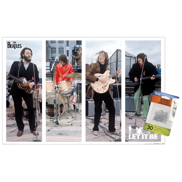 The Beatles - Affiche Murale Let It Be Bars, 22,375 Po x 34 Po Encadrée avec Quatre Panneaux Verticaux des Beatles Se Performant sur un Toit avec Guitares, Batterie, microphones et Amplificateurs, avec le logo du Groupe en Haut à Gauche et le Texte « Let It Be » avec des silhouettes en Bas à Droite, Convient à la Décoration Murale de Maison Ou de Bureau à Thème Musical.