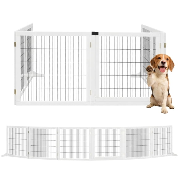 PawHut Wooden Freestanding Pet Gate w/ 6 Panels, 2 Support Feet, White
