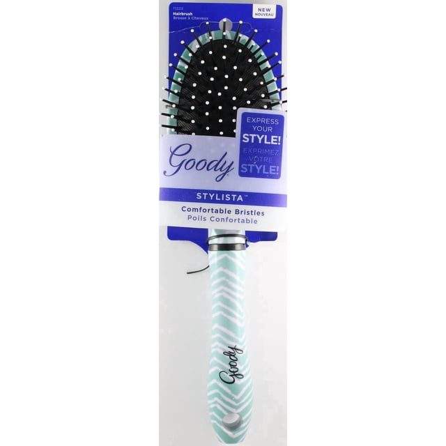 Goody Fashion Oval Detangles hairbrush with black flexible bristles topped with white beads on a black cushion, ergonomic mint green handle with white chevron pattern and Goody logo, packaged with blue and white label highlighting comfortable bristles and styling benefits, suitable for detangling wet or dry hair.