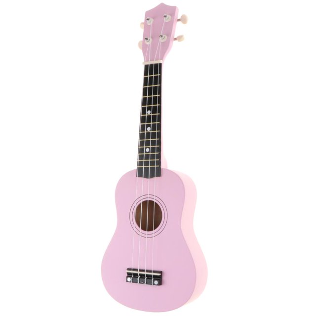 Esquirla 21 Inch 4 String Beginner Ukulele Guitar in pink, featuring a basswood body and neck with a high gloss finish. This compact folk stringed instrument, suitable for children, adults, and entry-level players, measures approximately 54 x 7.5 x 5 cm. Often used as a starter kit for learning rhythm and chords. Includes one ukulele.