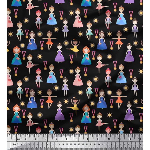 Soimoi Polyester Crepe Fabric Floral,Medal & Girl Cartoon Decor Fabric Printed Yard 52 Inch Wide