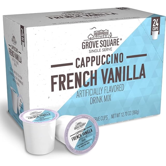 Grove Square Mélange de Cappuccino à la Vanille Française Dosettes de Café à Portion Individuelle, 48 Unités. la Boîte Présente un design Bleu Pâle et Blanc avec « Cappuccino à la Vanille Française » Bien en Vedette. Deux Dosettes Sont Montrées à l'Avant, Compatibles avec les Cafetières Keurig, Offrant une Torréfaction Légère et un Mélange de Vanille Sucrée pour une Expérience de Cappuccino Crémeuse et Lisse.