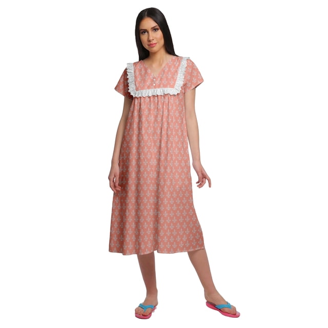 Moomaya Robe de Nuit à Manches Courtes Imprimée pour Femme, Col en V, en Coton
