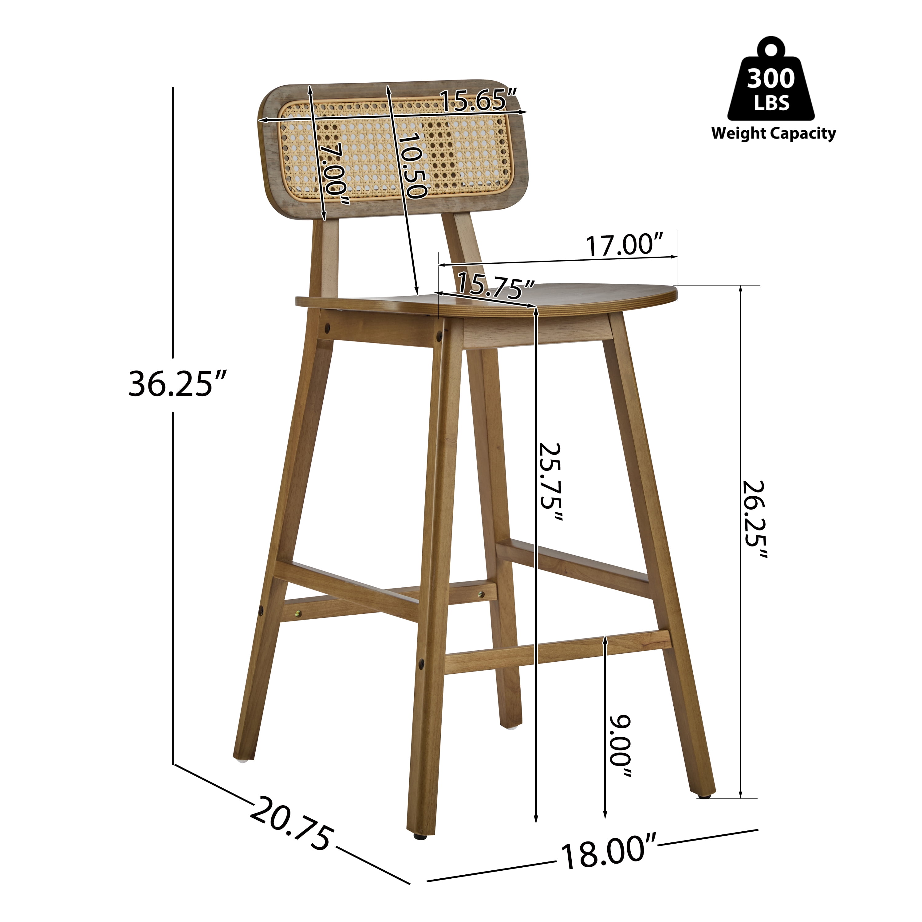 Ensemble de 2 tabourets de bar modernes Bari de Noble House, dossier en rotin, structure en bois, noyer