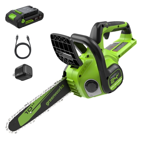 Greenworks Scie à Chaîne Sans Balais 24V 10 Pieds', Batterie 2,0ah et Chargeur Type-C 30W avec Cordon de 3 Pi Inclus