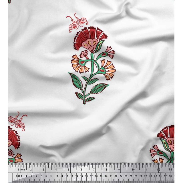 Soimoi Orange Polyester Crepe Fabric Insect,Leaves & Floral Block Fabric Prints by Yard 52 Inch Wide