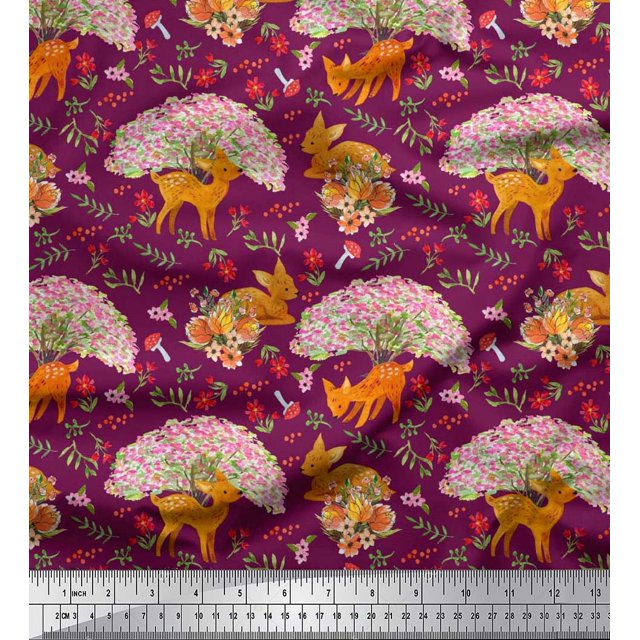 Soimoi Rayon Fabric Tree,Floral & Deer Animal Print Fabric by The Yard 56 Inch Wide
