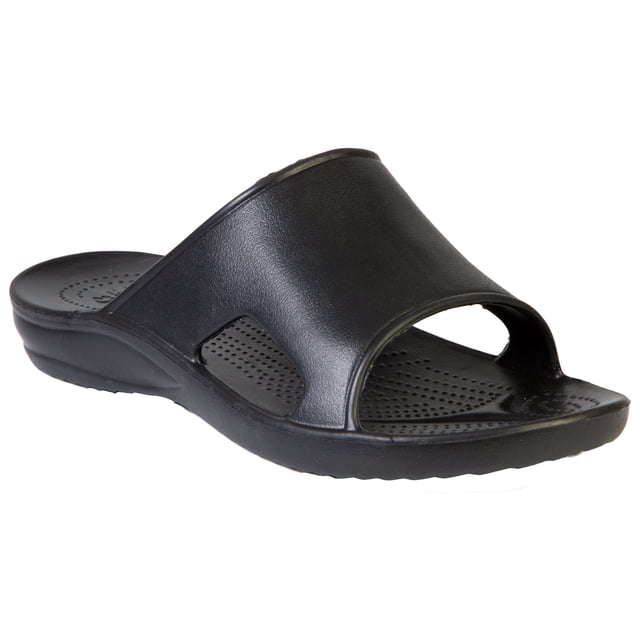 Men's Dawgs Slides in black, size 11, with a slip-on design, non-marking sole, low impact heel, thick sole, massaging footbed, and arch support. Lightweight and odor-resistant, suitable for beach, pool, or casual wear.