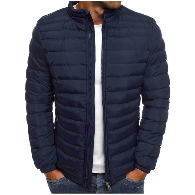 Mens Solid Color Jacket Cotton Padded Jacket in navy blue polyester with quilted stitching, zippered front closure, elastic cuffs, and a stand collar. Designed for warmth and casual wear, this men's winter jacket features side pockets for convenience and is ideal for layering in cold weather.