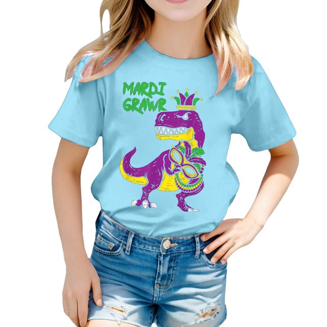 LUOGENLI T-Shirt pour Filles T-Shirt Décontracté Imprimé Col Rond Manches Courtes T-Shirt Chemise Décontractée Maxi Chemises pour Filles Bleu Ciel 6-7 Ans