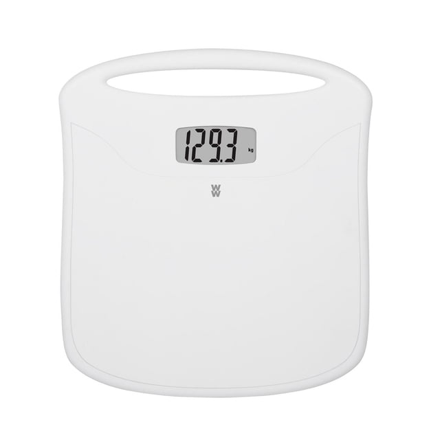 Weight Watchers® Digital Portable Scale in white with a top handle and digital display showing 129.3 kg, featuring a large no-slip impact resistant platform ideal for bathroom use, accurate to 0.05 kg increments and weighing up to 182 kg.
