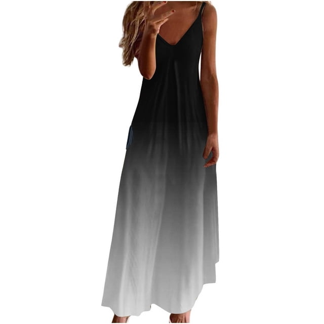 Tumotour Robes d'Été pour Femmes, Camisole Trapèze Longue et Fluide, Robe Maxi à Col en V Sans Manches à Bretelles Spaghetti, Robe Soleil Évasée à Volants Bohème Imprimée pour Plage, Sorties, Fête, Rendez-Vous, Vacances