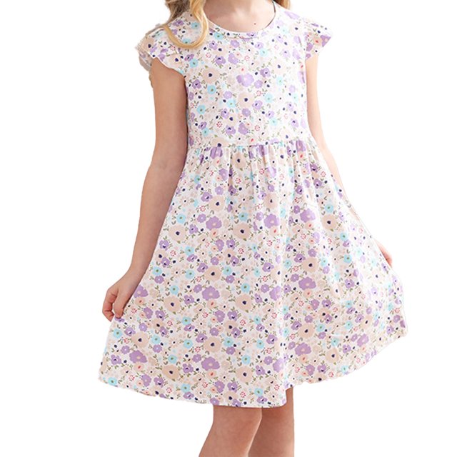 vdgthytj Robes d'Été pour Tout-Petites Filles à Imprimé Floral à Manches Volantées Robe Soleil Ligne A Robe de Plage pour Fête pour Enfants 2-10 Ans