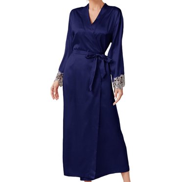 AherBiu Long Robes for Women Lightweight Sexy Satin Wedding Party Bathrobes Lace Full Length Robe