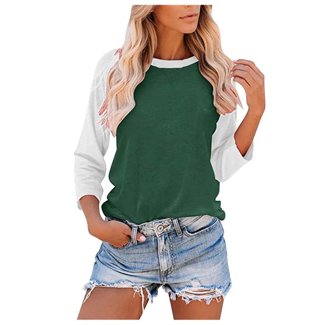 CEHVOM Ladies' O-Neck Casual Printed Color-Blocking Three-Quarter Sleeve Blouse