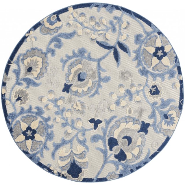 homeroots home decor 384840 5’ Round Blue and Gray Indoor Outdoor Area Rug