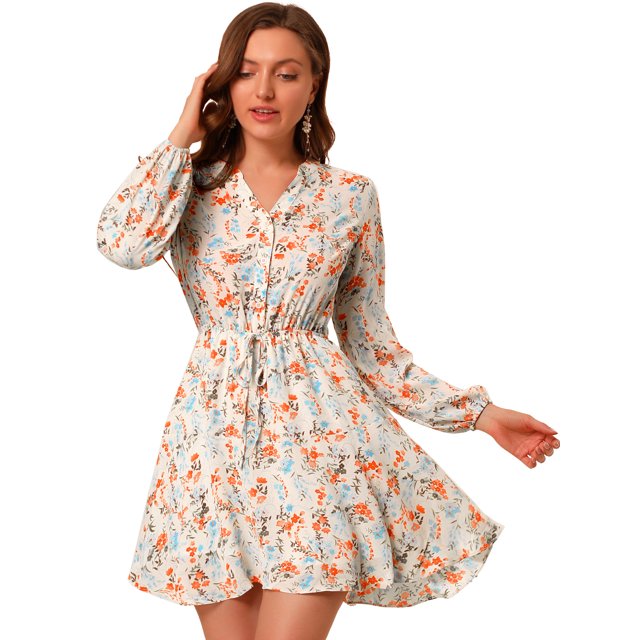 INSPIRE CHIC Robe Midi Courte Trapèze pour Femme à Col en V, Imprimé Floral, Taille Élastique, Boutonnée, m Beige