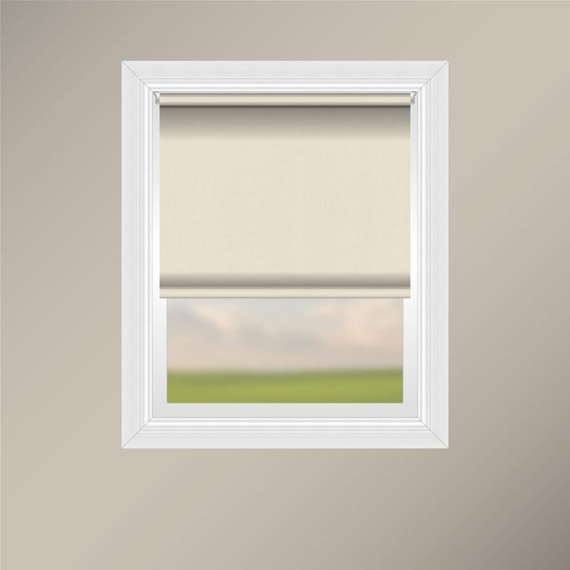 Off Cut Shades Chainless Blackout Roller Shade in gypsum color installed inside a white window frame on a beige wall, featuring 100% polyester fabric with a plain hem and weighted insert, a sturdy white aluminum headrail, and chainless operation for child safety, suitable for bedrooms and glare reduction.