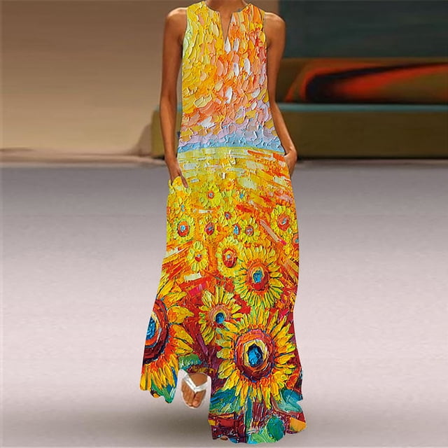HKEJIAOI Liquidation des Ventes Robe Femme Robe Longue Décontractée pour Femme avec Imprimé Rayé et Floral Robe Maxi Sans Manches Jaune