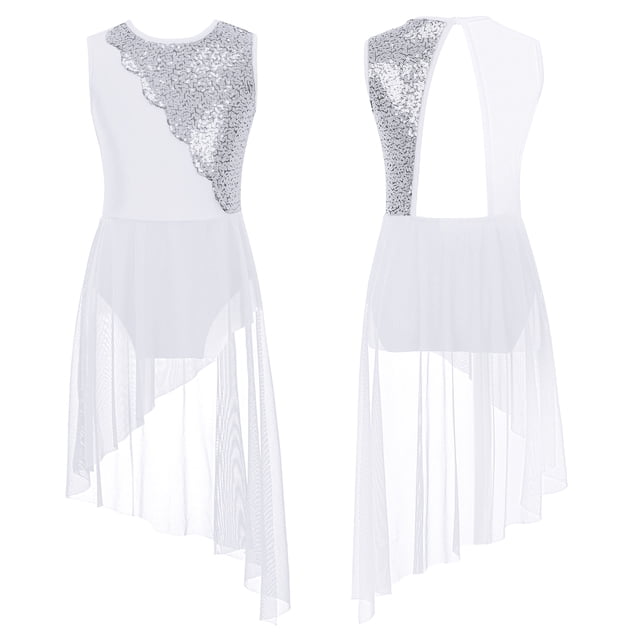 XUNZOO Robe de Danse Lyrique pour Filles Costume de Danse Ballet Jazz Latin Performance Camisole à Sequins Blanc 14