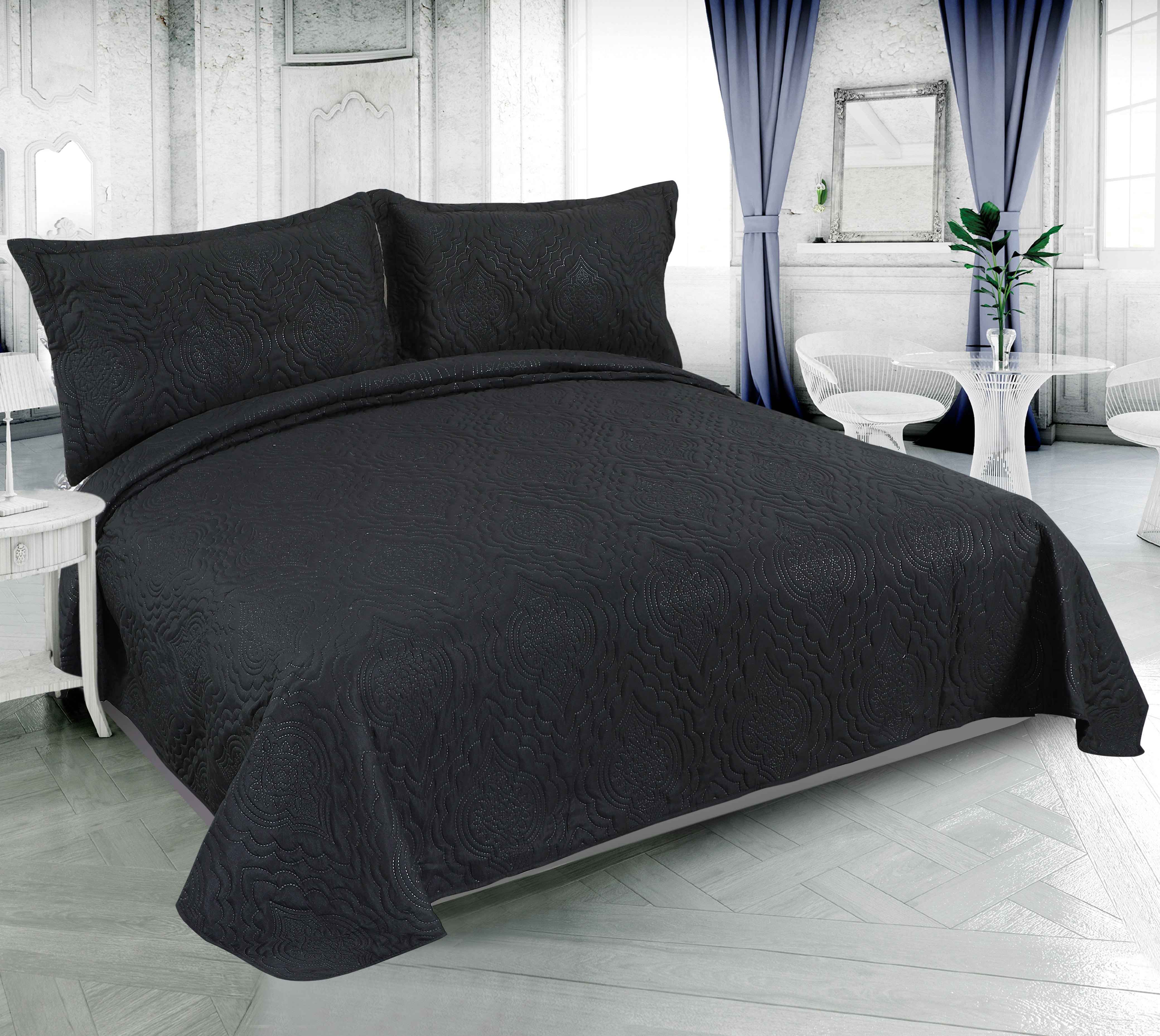 Marina Decoration Solid Embossed Pinsonic Coverlet Bedspread Bedding Ultra Soft Summer Quilt Set with Shams, Black Color