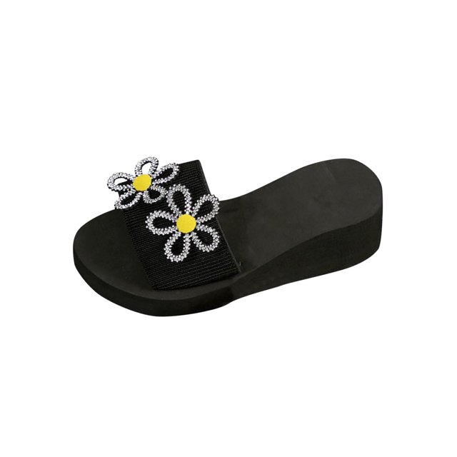 Pantoufles Jaunes pour Femmes à Talon Compensé, Bout Rond, Bout Ouvert, Fleur en Strass, Semelle Épaisse, Décontractées, Printemps Été, Extérieur Intérieur, Sandales à Enfiler pour Femmes, Usage Quotidien, Taille 37