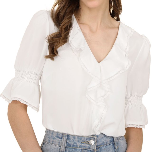 INSPIRE CHIC Women's Ruffled V Neck Blouse Half Bell Sleeve Casual Chiffon Top