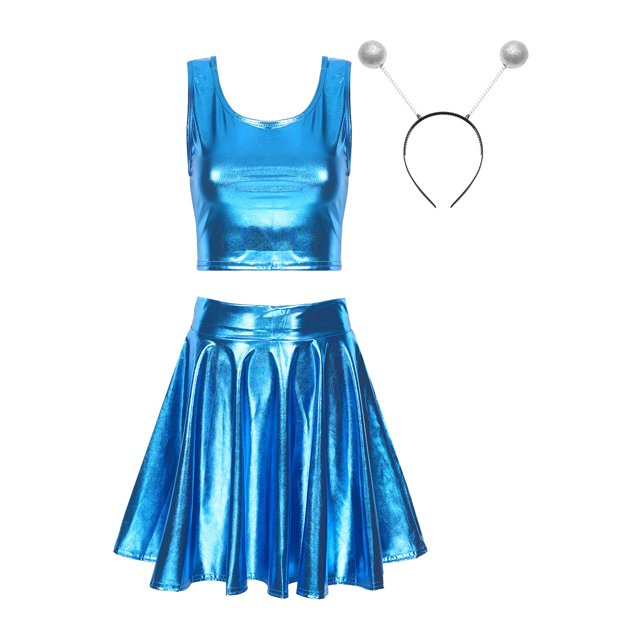 YONGHS Women's Alien Set Cheer Leader Outfit Metallic Crop Tank Top with Ruffle Skirt Hair Hoop Blue B L