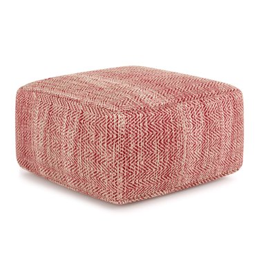 SIMPLIHOME Nate Square Pouf, Footstool, Upholstered in Patterned Maroon Melange Hand Woven Cotton, for the Living Room, Bedroom and Kids Room, Transitional, Boho