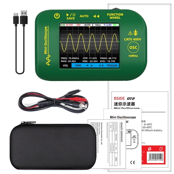 Mistaha Portable Lithium Battery Oscilloscope with 2.8" Full-view Color Screen, 10MHz Bandwidth, 48MSa/S Sampling Rate, Auto Range, True RMS Display, Data Hold, Auto Shutdown -