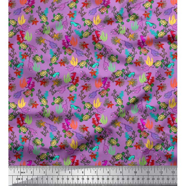 Soimoi Rayon Fabric Coral,Starfish & Turtle Ocean Decor Fabric Printed Yard 42 Inch Wide