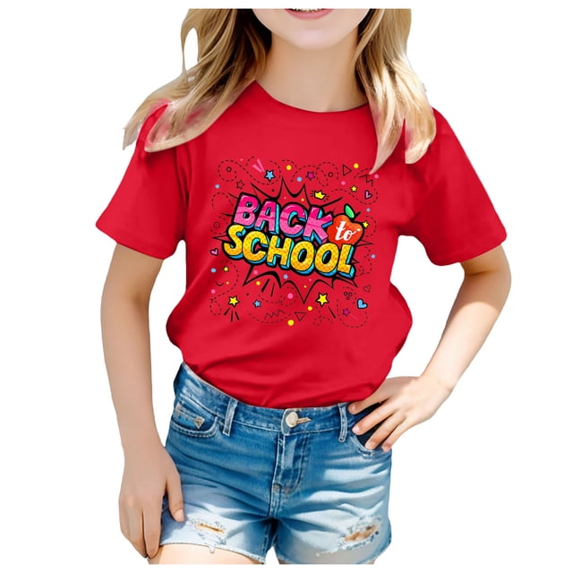 LUOGENLI T-Shirt pour Filles Enfants École Rentrée des Classes Imprimé Décontracté Manches Courtes Haut T-Shirt Chemises pour Filles Tendance Printemps Rouge 6-7 Ans
