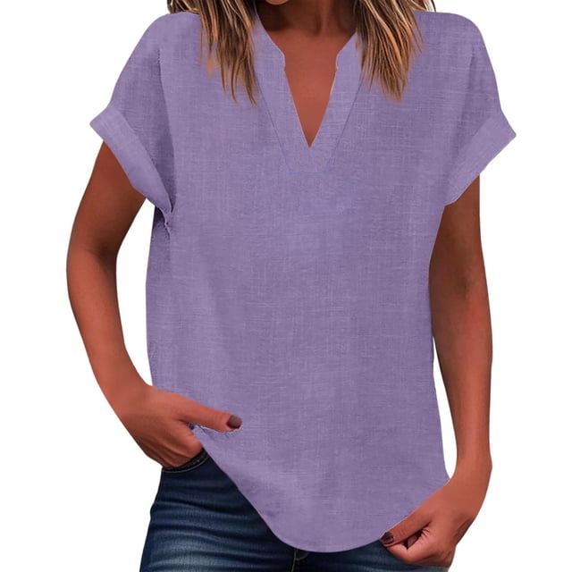 WEIYLL T-Shirt Women Summer Loose Fit V Neck Curved Hem Flowy Solid Light Purple Tees Sizes XXL