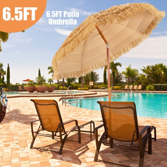 Gymax 6.5ft Thatch Tiki Beach Umbrella Outdoor Patio Umbrella w/ Adjustable Tilt