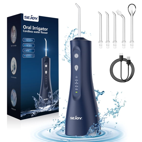 Sejoy Cordless Water Flosser Dental Teeth Cleaner, Portable 300ML Tank Rechargeable Oral Irrigator for Home and Travel, 5 Modes Irrigate, 5 Jet Tips